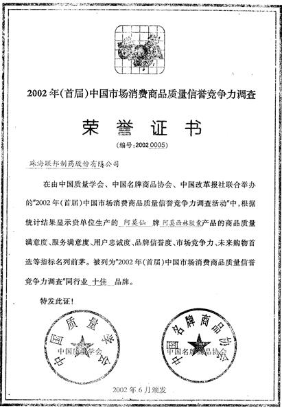 阿莫西林膠囊被列為“2002年（首屆）中國）市場(chǎng)消費(fèi)商品質(zhì)量信譽(yù)競爭力調(diào)查同行業(yè)十佳品牌”