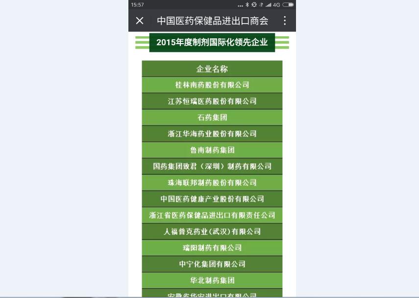 2015年度制劑國際化領(lǐng)先企業(yè)第七名