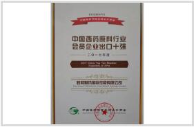 中國西藥原料行業(yè)會(huì)員企業(yè)出口十強(qiáng)
